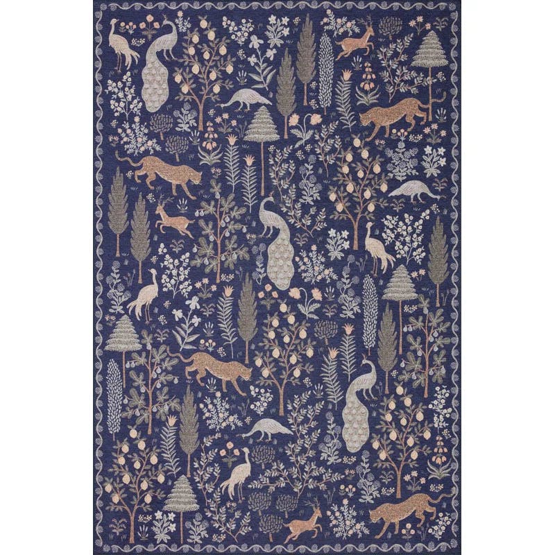 Navy Floral Whimsy Synthetic Rectangular Rug 3'9" x 5'9"