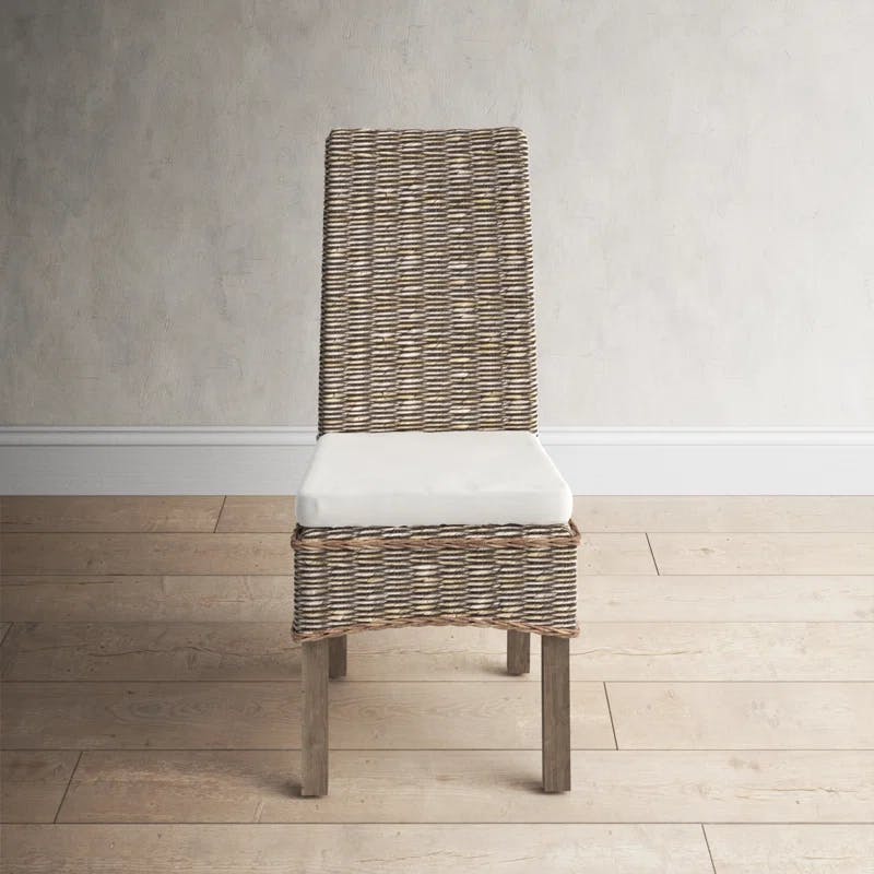 Tall-Backed Modern Mahogany and Banana Leaf Weave Side Chair with Cushion