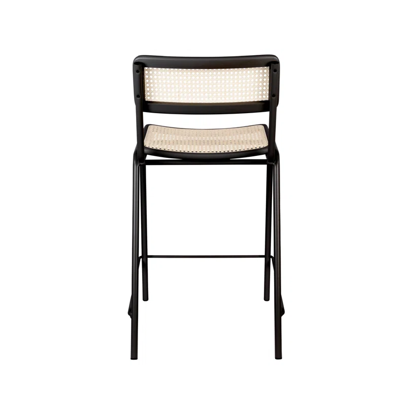 Bauhaus Inspired Black Steel and Wood Counter Stool with Rattan Seat