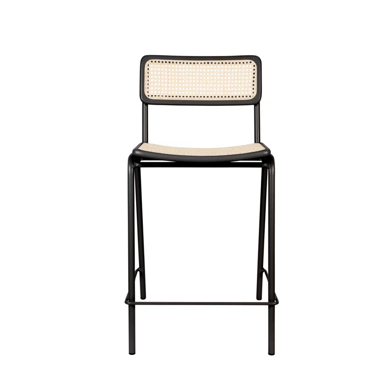 Bauhaus Inspired Black Steel and Wood Counter Stool with Rattan Seat