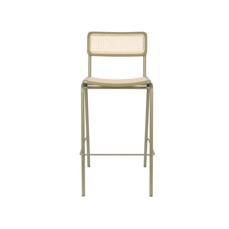 Jort 30'' Beige Wood and Rattan Bar Stool with Steel Frame
