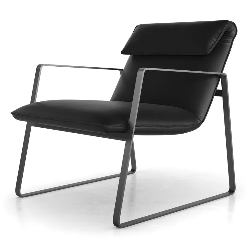 Evans Jet Black Genuine Leather Mid-Century Lounge Chair