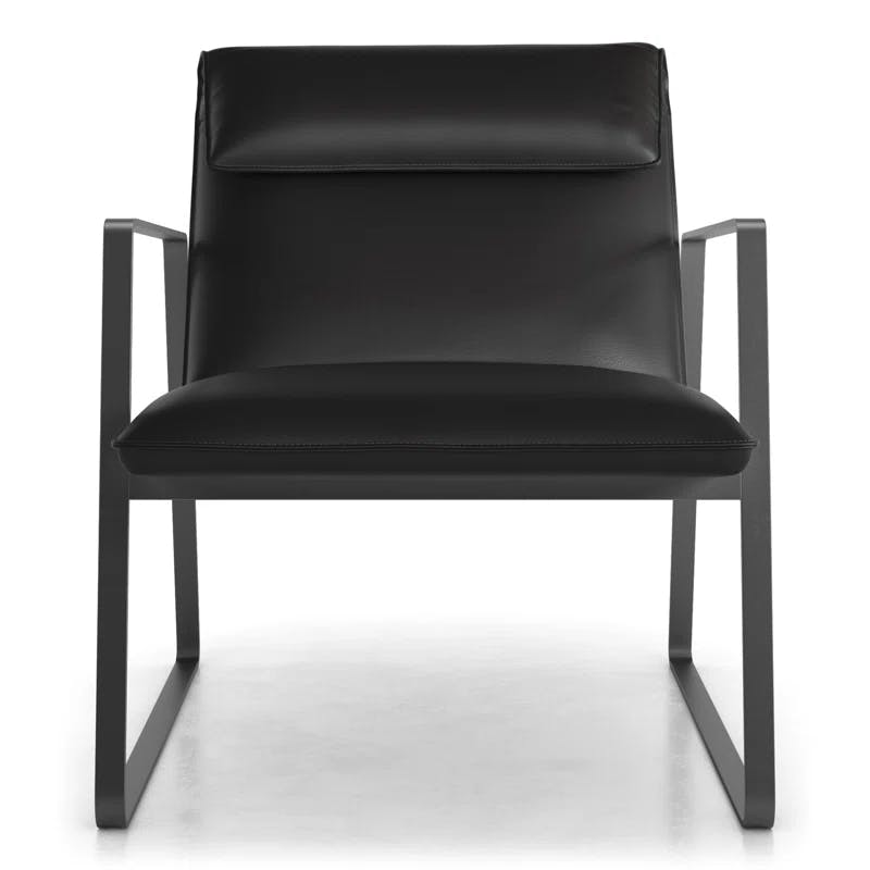 Evans Jet Black Genuine Leather Mid-Century Lounge Chair