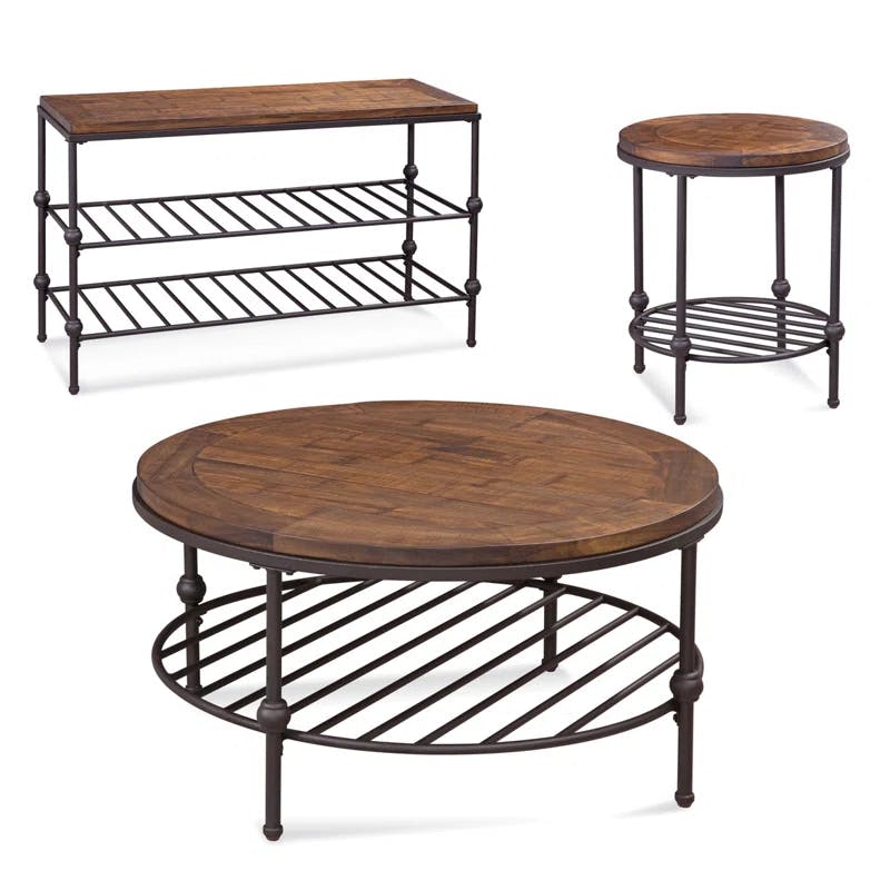 Transitional Emery 22" Round Wood & Metal Mirrored End Table in Black/Brown