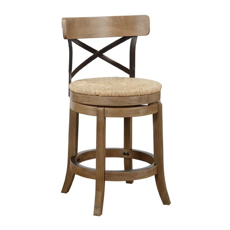 Mia Natural Brown Rubberwood Swivel Counter Stool with Metal X-Back