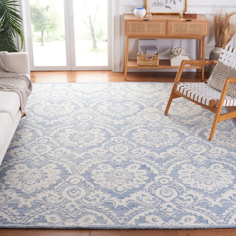 Ivory Floral Tufted Wool Square Accent Rug 47"