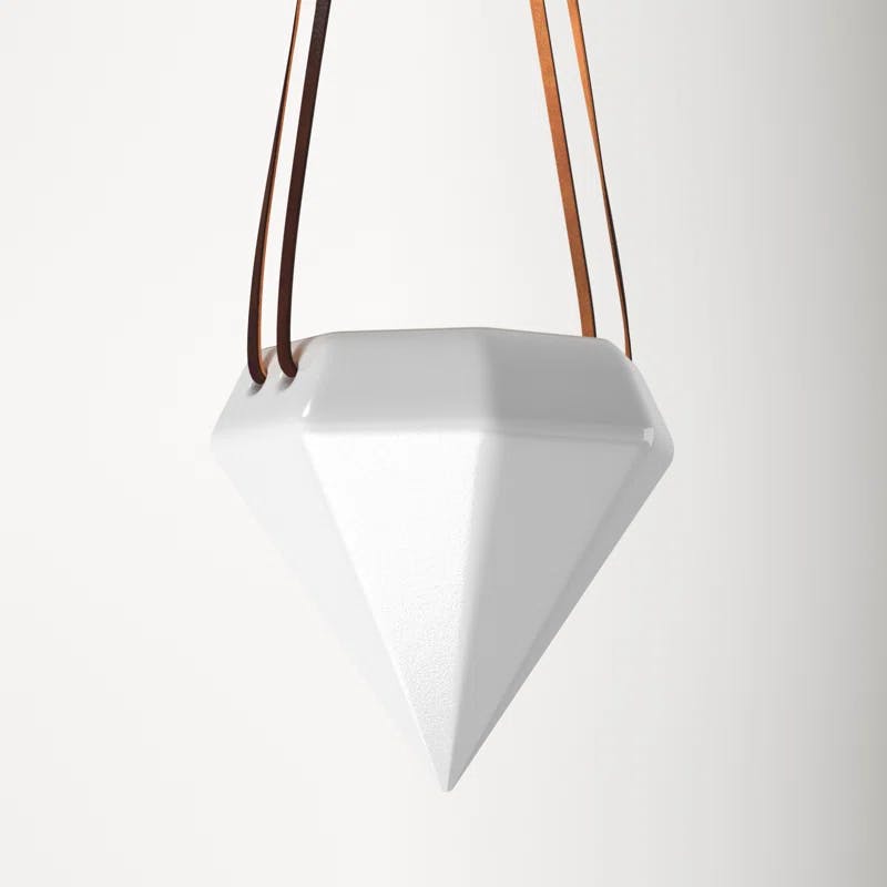 Gloss White Diamond Ceramic Hanging Planter with Leather Rope