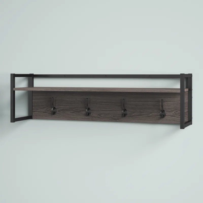 Afton Weathered Woodgrain Wall Shelf with 4 Double Metal Hooks