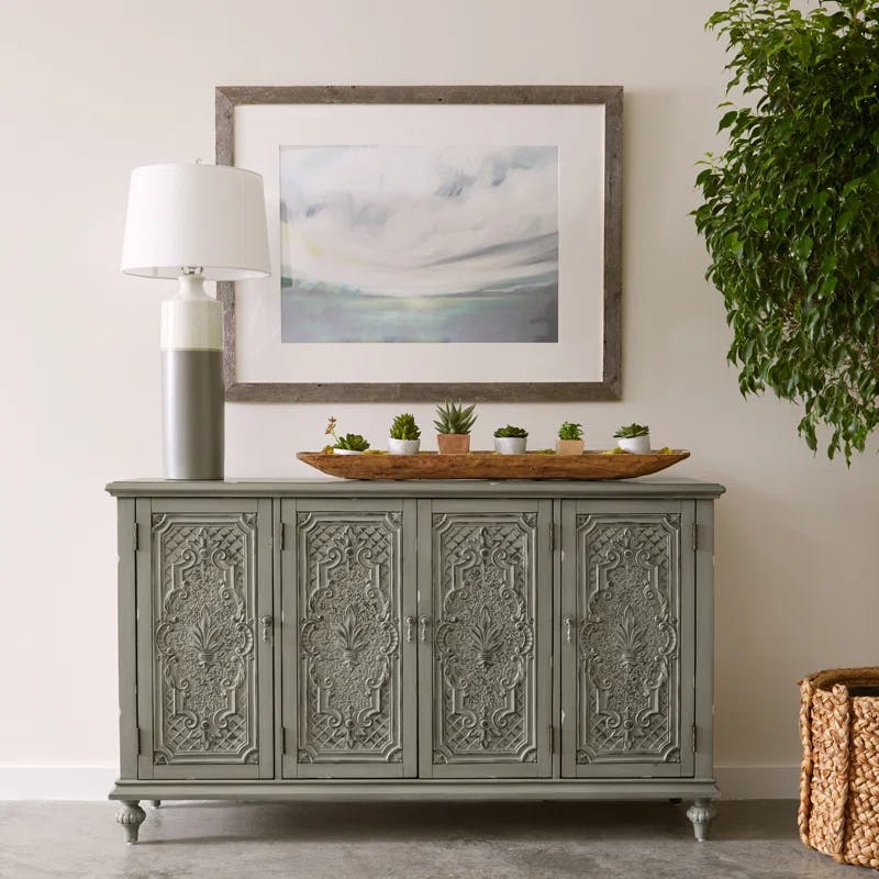 Transitional Gray 60'' Carved Wood Media Buffet