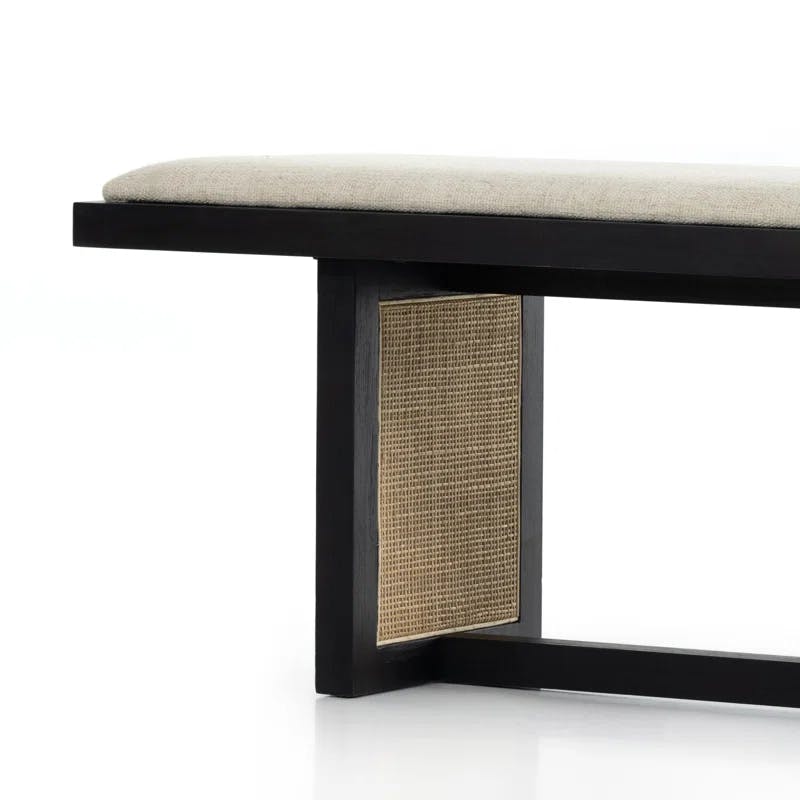 Beige Fabric and Mango Wood Bench with Natural Cane Accents