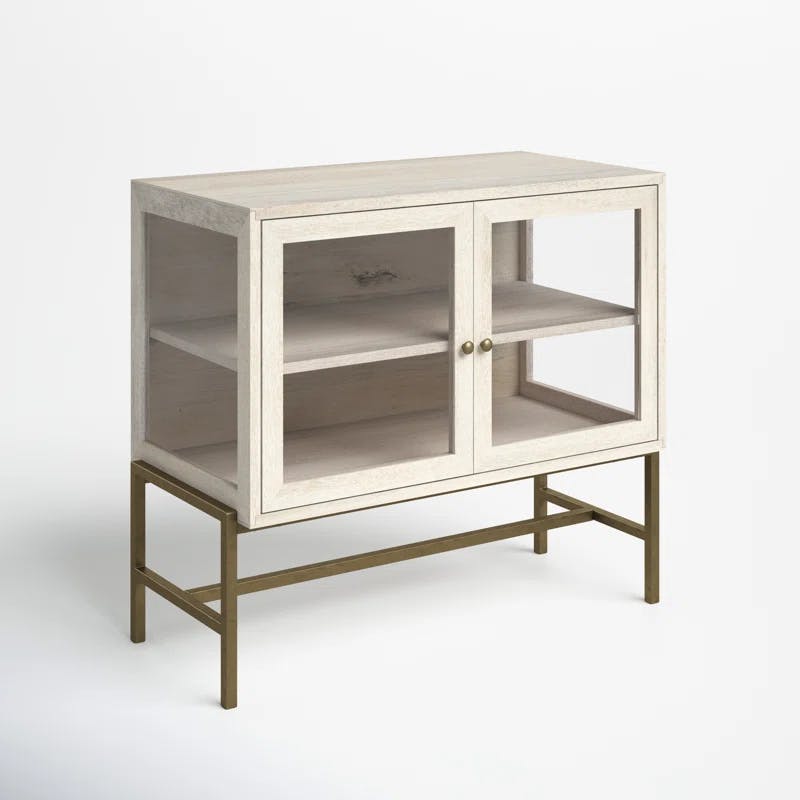 Arelius 36" White and Gold Wood Accent Cabinet with Glass Doors
