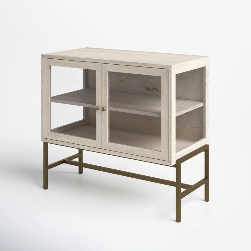 Arelius 36" White and Gold Wood Accent Cabinet with Glass Doors
