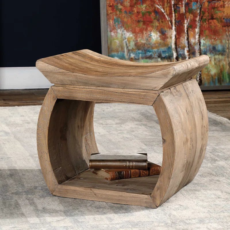 Transitional Reclaimed Elm Wood Accent Stool with Storage Shelf