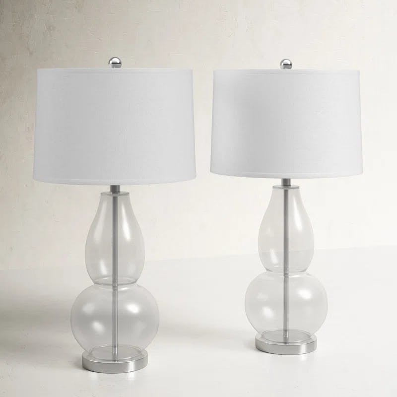 Mercurio Silver Finish Double Gourd Clear Crackle Glass Table Lamp Set