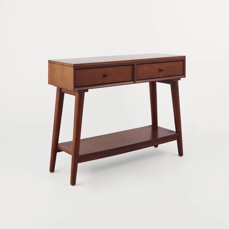Mid-Century Acorn Brown Mahogany Console Table with Storage