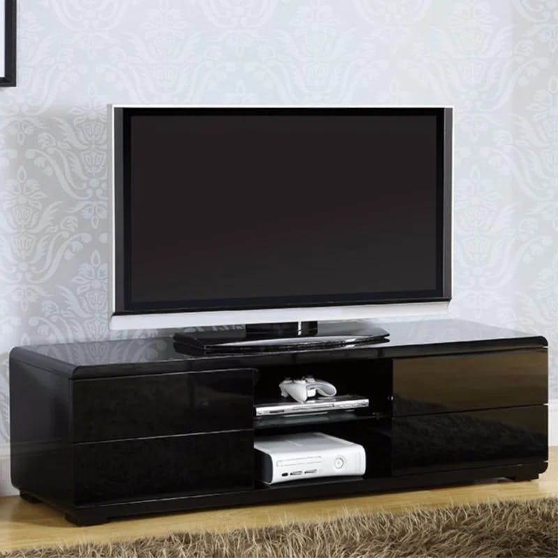 Modish Black Lacquer Media Console with Open Shelving