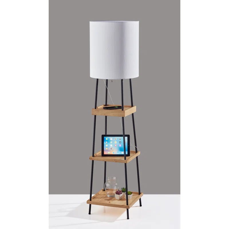 Adesso 63'' Black and Natural Wood Shelf Floor Lamp with USB