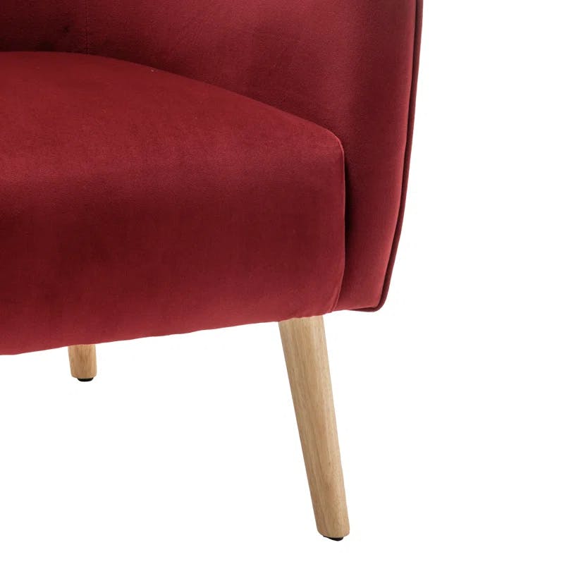 Sienna Red Velvet Barrel Accent Chair with Natural Wood Detailing