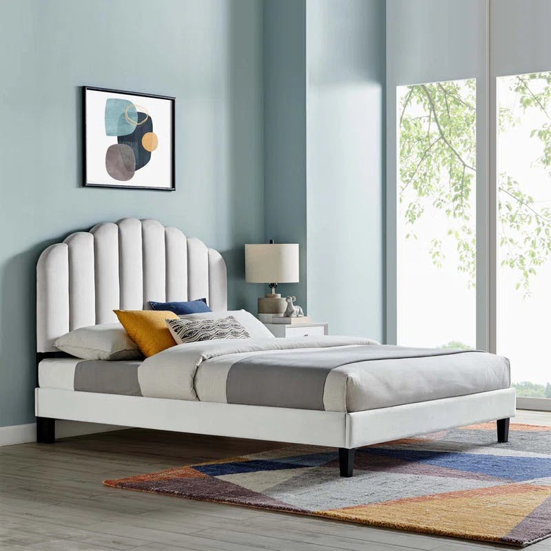 Elegant Light Gray Velvet Full Platform Bed with Channel Tufting