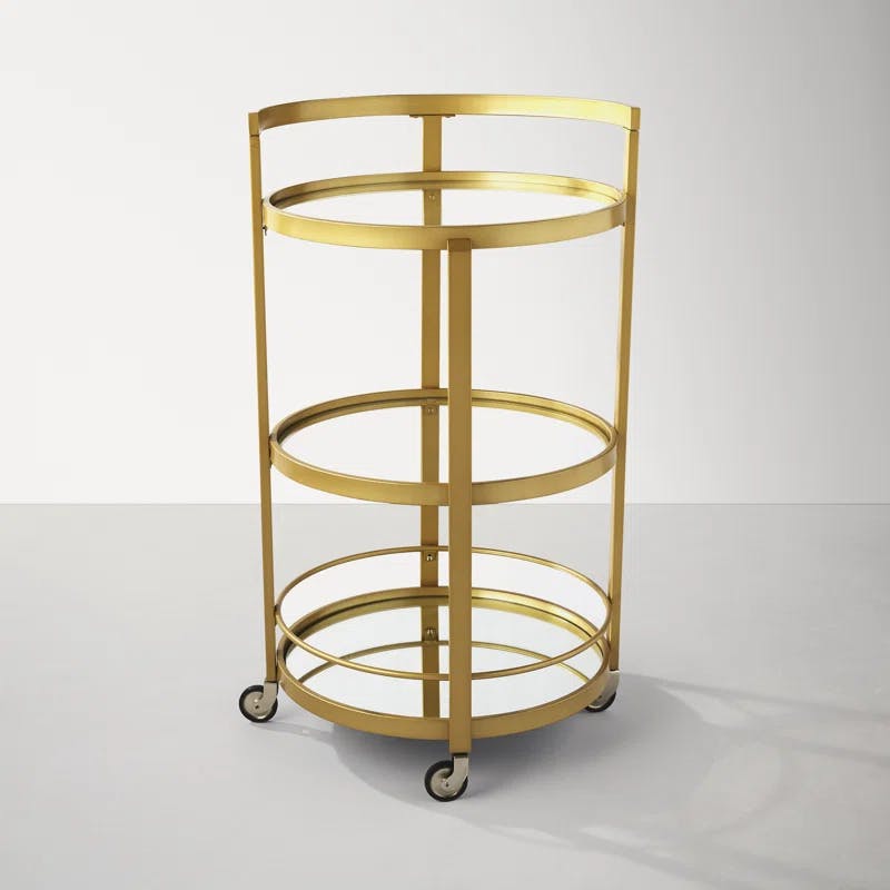 Hause 21" Round Brass and Glass Bar Cart with Storage
