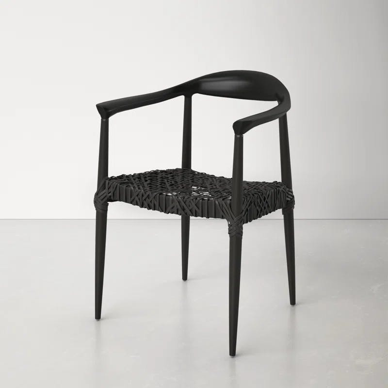 Mid-Century Modern Black Leather Teak Wood Accent Chair