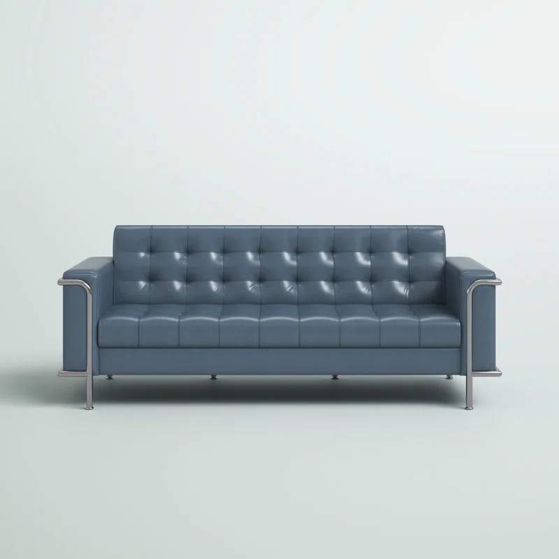 Modern Gray Faux Leather Tufted Sofa with Metal Frame