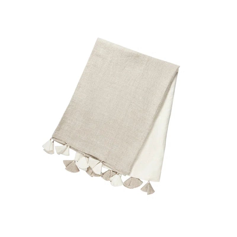 Anaya Luxe Linen Colorblock Throw Blanket with Tassels - Natural Beige