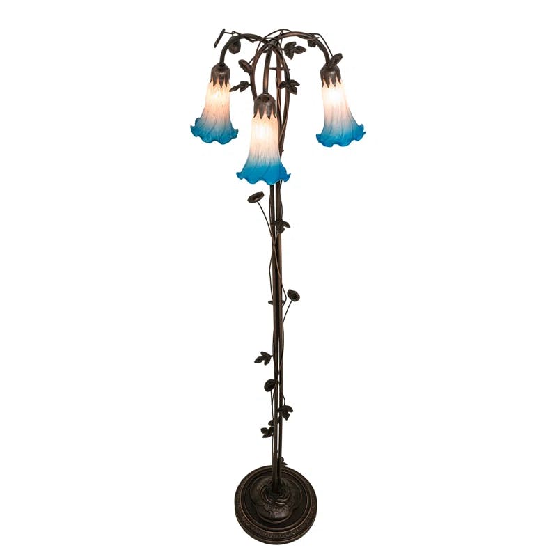 Mahogany Bronze Pond Lily 3-Light Floor Lamp in Pink/Blue