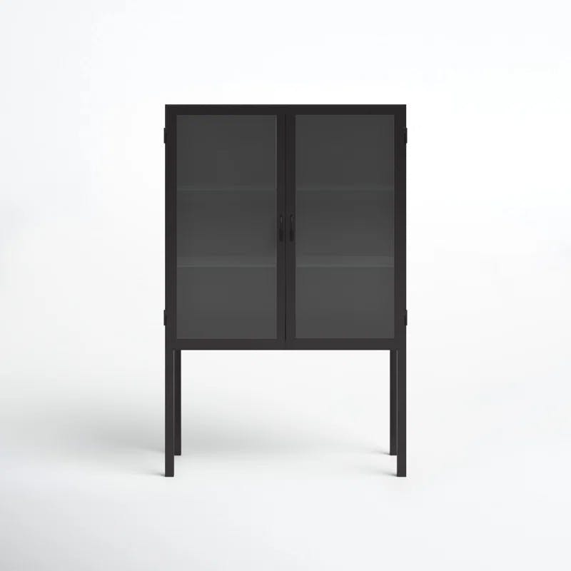 Lomita Minimalist Black Iron & Clear Glass Wide Storage Cabinet