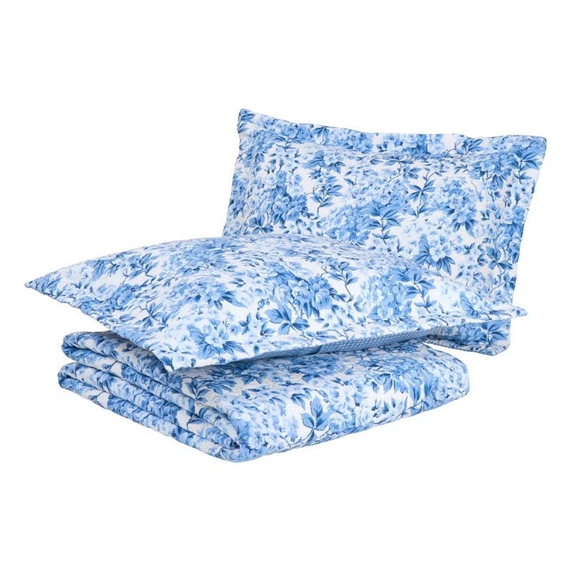 Brighton Porcelain Blue Floral Cotton Reversible Quilt Set - Full/Queen