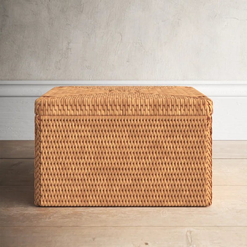 Handmade Honey Brown Rattan Storage Box with Removable Lid