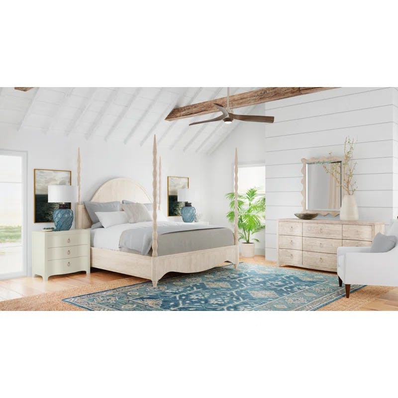 Transitional Beige King Poster Bed with Upholstered Headboard and Drawer