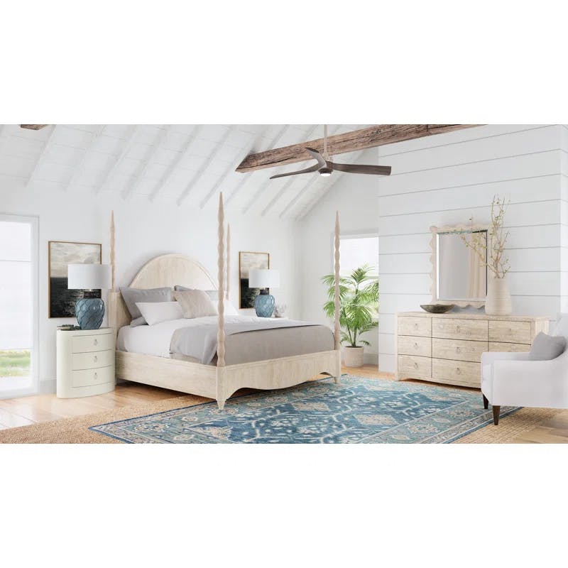 Transitional Beige King Poster Bed with Upholstered Headboard and Drawer