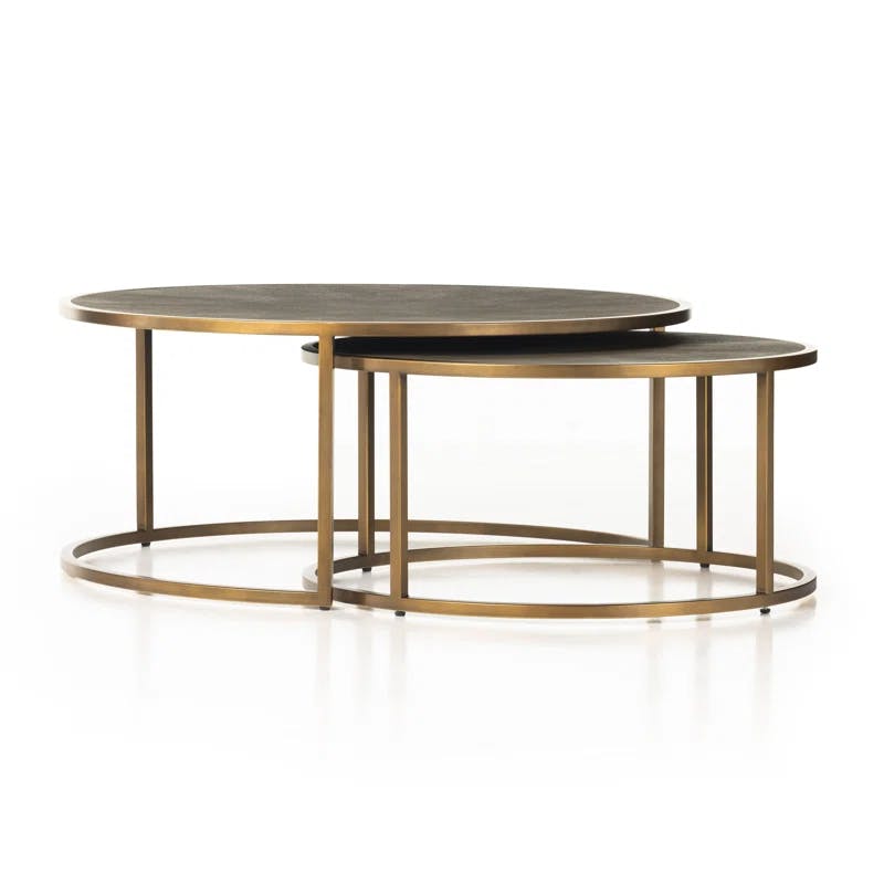 Crescent Antique Brass Nesting Coffee Table Set with Faux Shagreen Top