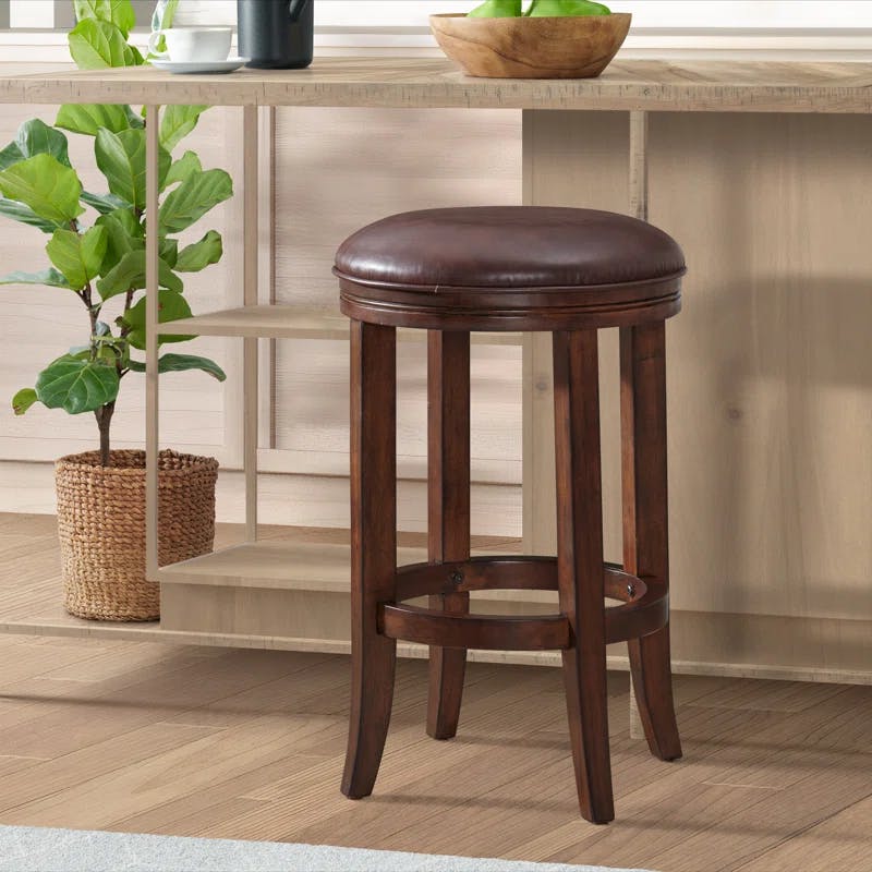 Distressed Walnut 24.5" Backless Counter Stool with Linen Upholstered Seat