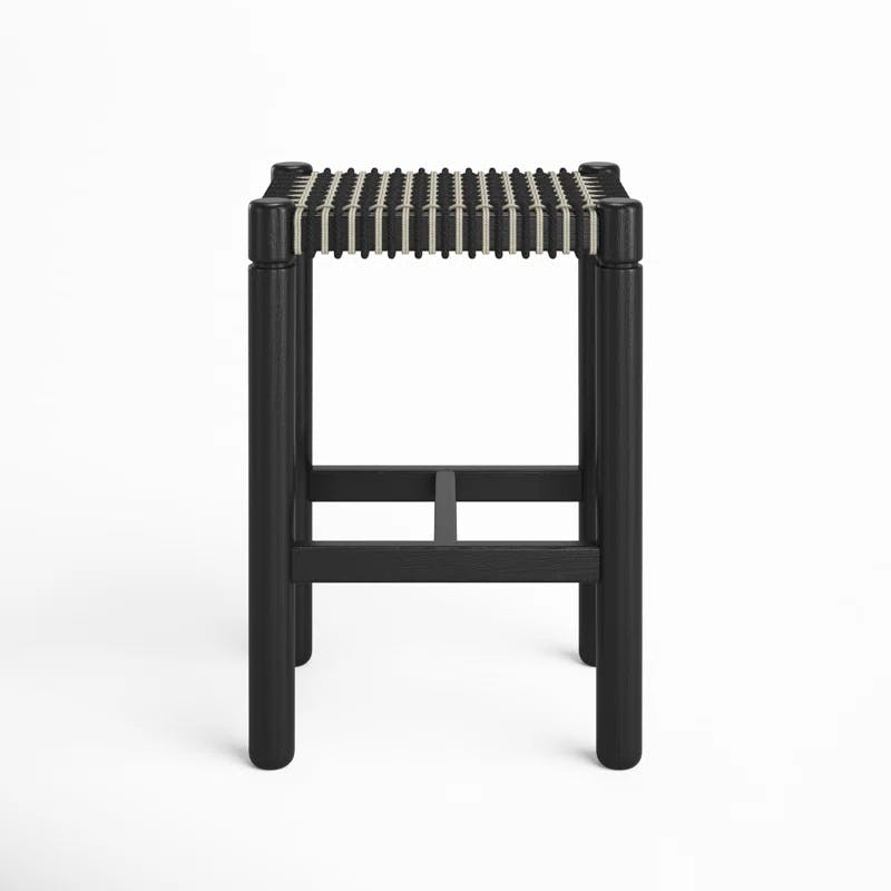 Modern Oak and Rattan Backless Accent Stool in Black/Brown/White