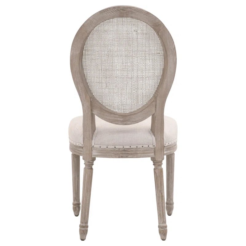 Beige Linen and Cane Wood Side Chair with Low Back
