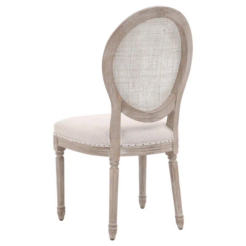 Beige Linen and Cane Wood Side Chair with Low Back