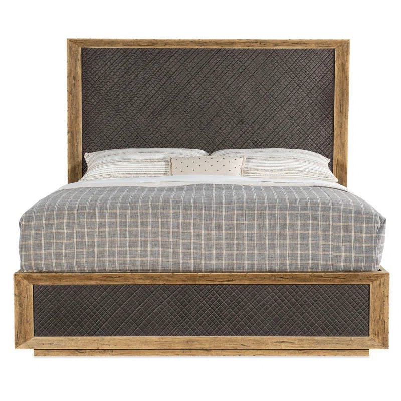 Big Sky King Bed with Charcoal Furrowed Bark Headboard and Pecky Hickory Veneers