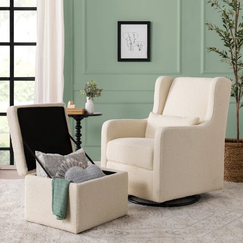 Ivory Boucle Gentle Swivel Glider with Storage Ottoman