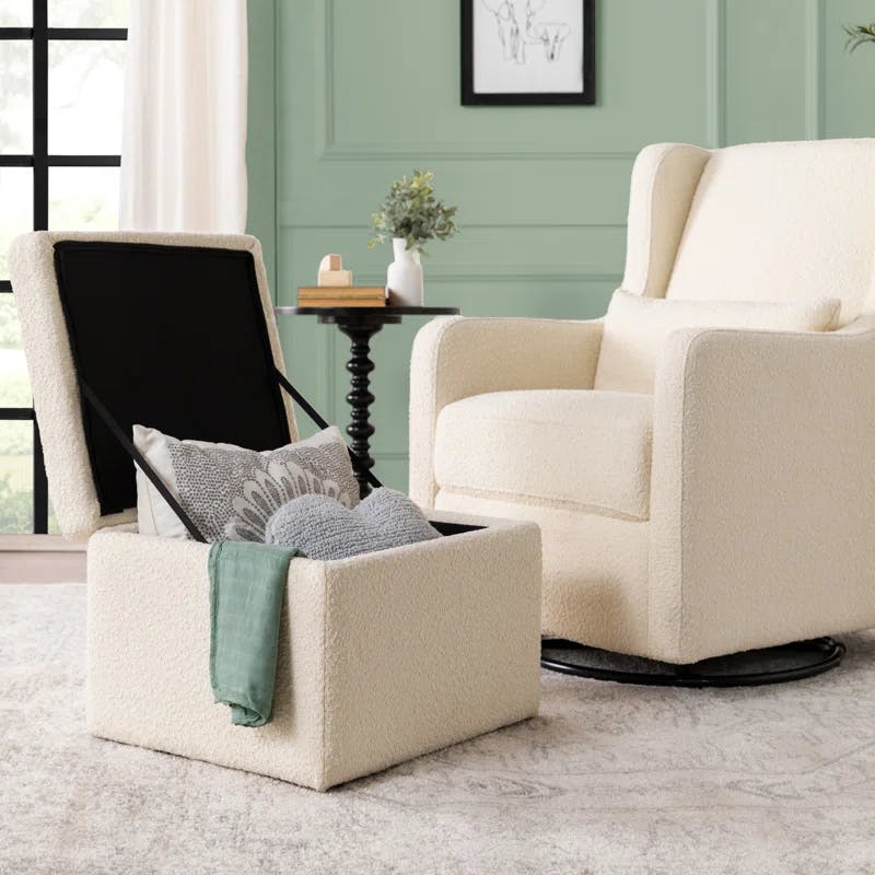 Ivory Boucle Gentle Swivel Glider with Storage Ottoman
