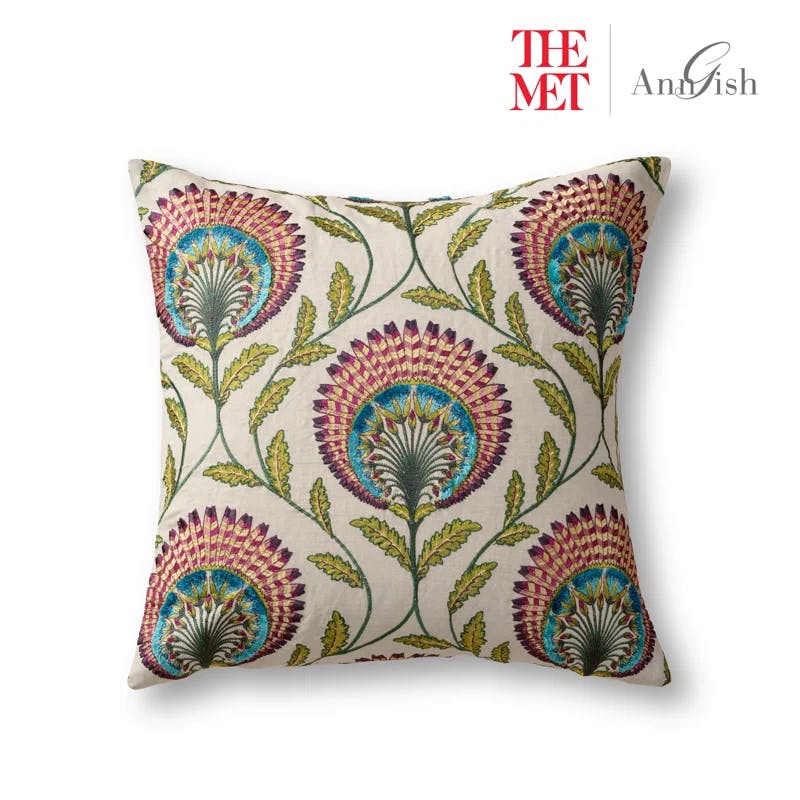 Tavus 24" Square Linen-Cotton Embroidered Peacock Pillow