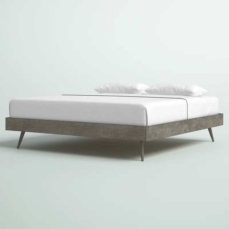 Mid-Century Modern King Platform Bed with Wood Slats in Gray