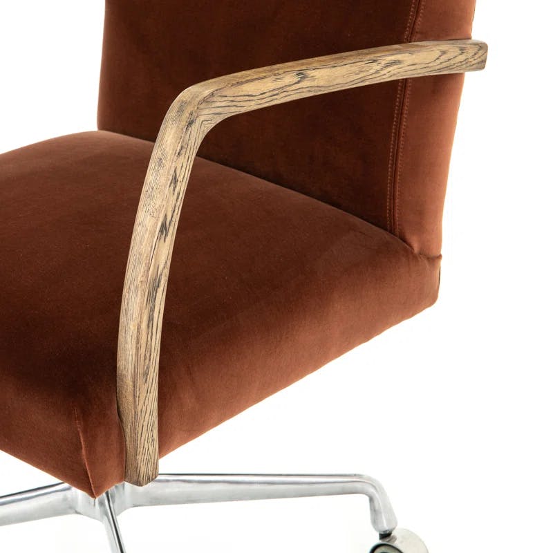Masterson Burnt Auburn Velvet Swivel Desk Chair with Distressed Oak Frame