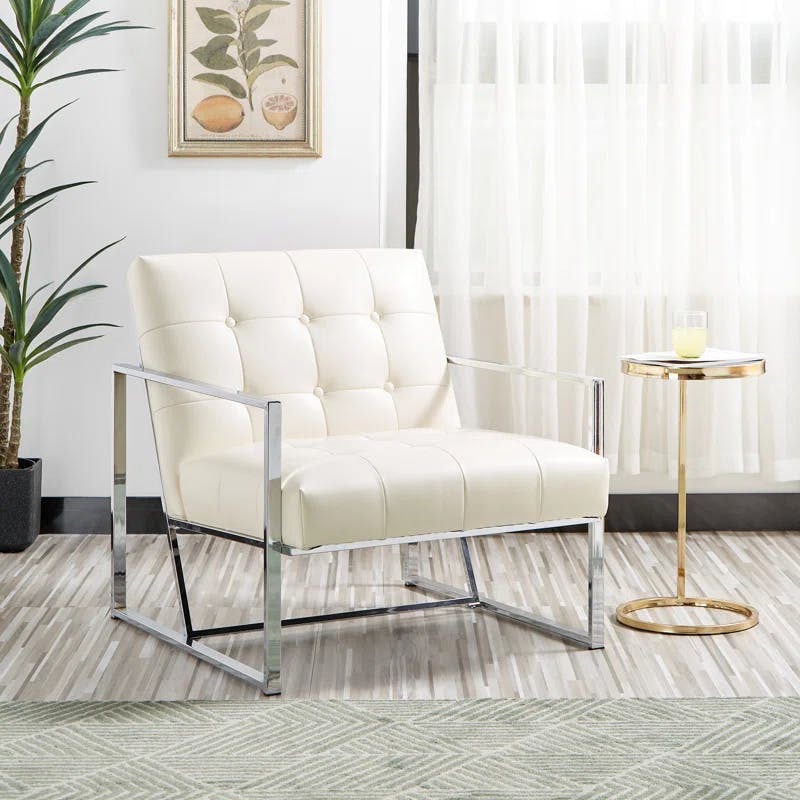 Mid-Century Chrome-Plated White Faux Leather Accent Chair