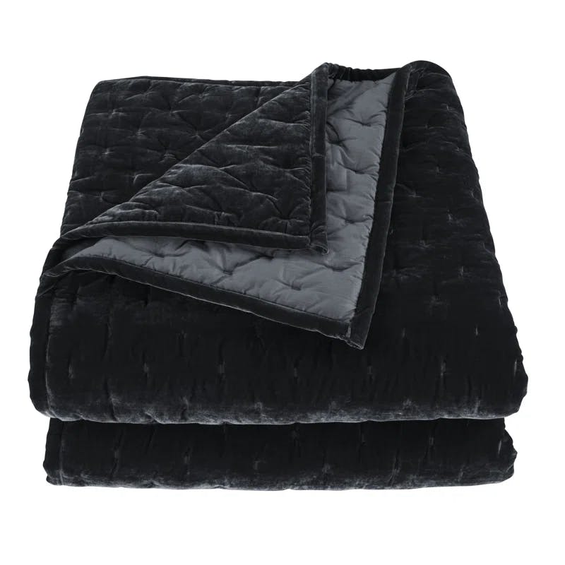 Luxurious Twin Black Faux Silk Velvet Quilt Set