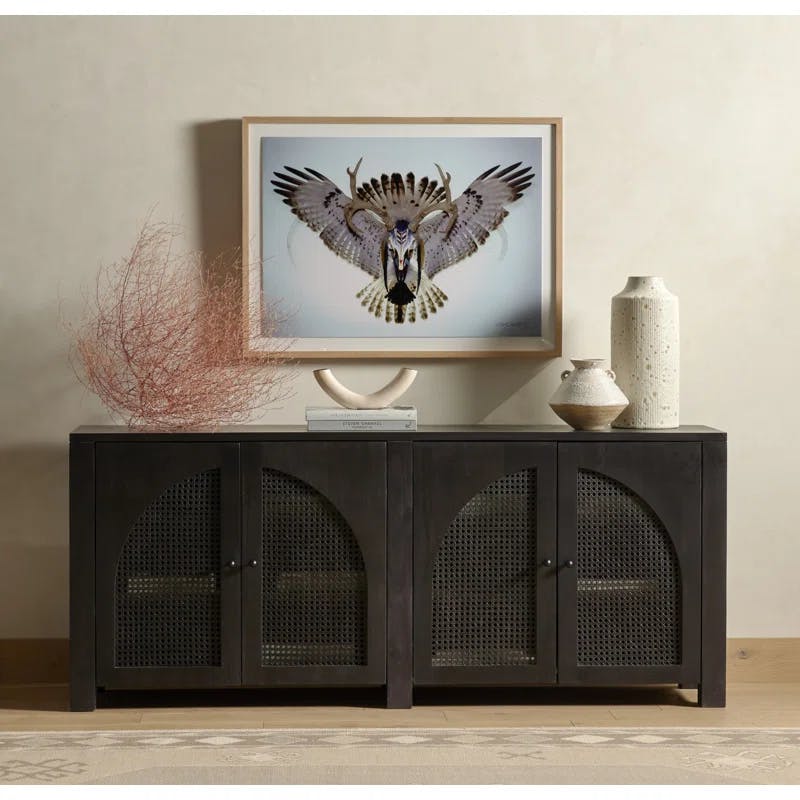 Contemporary Black Mango Wood & Iron Sideboard with Arched Cane Panels