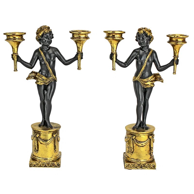 French Neoclassical 15'' Gold Gilt Ceramic Cherub Candlesticks