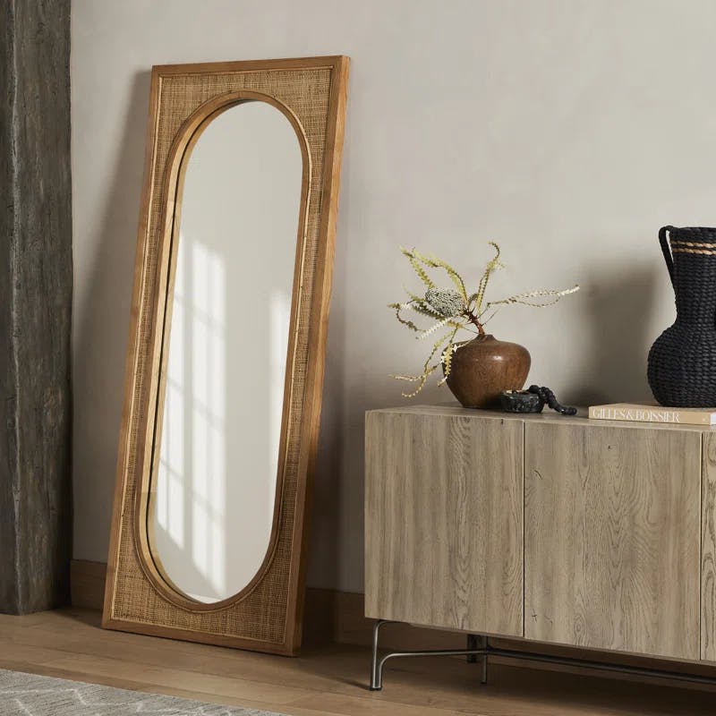 Contemporary Full-Length Oval Mirror in Brown Wood with Leather Accents