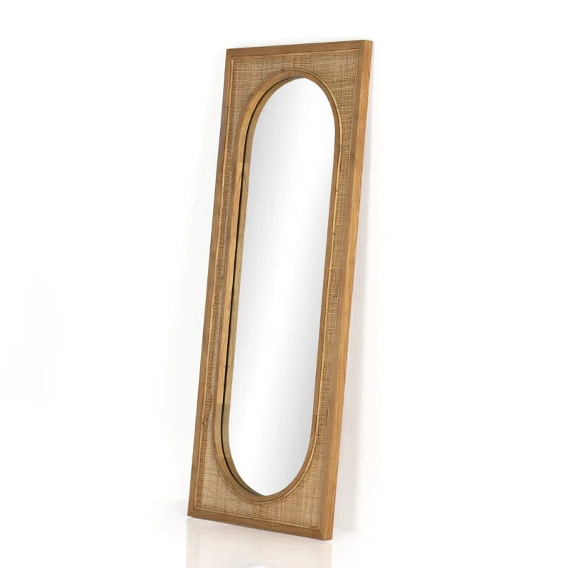 Contemporary Full-Length Oval Mirror in Brown Wood with Leather Accents